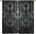 Gooti Must Damask Kardin Vintage Lilleline Eksootiline Suhkrukolju Aknakatted Magamistuba Luu Skelett Antiik Boheemlaslik Pol&uuml;ester Pestav Valmis W100*H130(CM)-Rod Pocket&2PCS