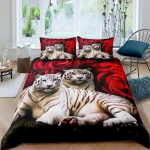 Luksuslik Uus 3D Prindiga Valge Tiiger Punane Roos Kuningas Kuninganna Tekikott Aafrika Suur Kass Lilleline Voodipesu Komplekt Teismeline T&auml;iskasvanu Loomne Tekikate 135x200cm
