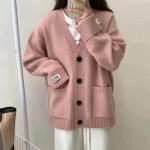 Uus retro kootud kampsun s&uuml;giseks ja talveks, Korea stiilis, avar ja salendav, &uuml;leskeeratud varrukatega, pehme ja pehme kampsun-mantel naistele One Size roosa