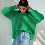 Naiste vabaaja kampsun, avara kaelusega, &uuml;hev&auml;rviline pikkade varrukatega kootud kampsun S roheline