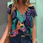 Retro naiste T-s&auml;rk Anime Cat Graafilised t&uuml;drukute riided Suvised V-kaelusega l&uuml;hikeste varrukatega T-s&auml;rgid Naiste Harajuku t&auml;navariided Suur pluus 4XL