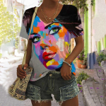 3D Painting Face Naiste T-s&auml;rk Harajuku Basic suvised vabaaja topid l&uuml;hikeste varrukatega V-kaelusega lahtised t&auml;navar&otilde;ivad, naiste moepullover 3XL