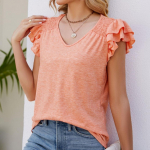 GMXIA naiste moe vabaaja suvekevadine &uuml;hev&auml;rviline printimine l&uuml;hikeste volditavate varrukatega V-kaelusega lahtised pluusid ja s&auml;rgid S oranž