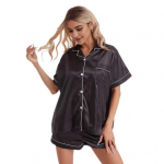 2 tk/komplekt naiste pidžaama &uuml;hev&auml;rviline siidine rev&auml;&auml;r, elastne v&ouml;&ouml;koht l&uuml;hikeste varrukatega rinnatasku S &scaron;ampanjav&auml;rvi