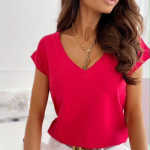 VEZFAA naiste moe vabaaja suve kevade &uuml;hev&auml;rvilise tr&uuml;kiga l&uuml;hikeste varrukatega V-kaelusega pluusid ja s&auml;rgid XL punane