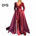 Naiste &otilde;htukleit Madala l&otilde;ikega V-kaelusega l&auml;ikiv litriga liibuv k&otilde;rge v&ouml;&ouml;koht, l&otilde;hestatud &auml;&auml;ris, joon, suur kiik, p&otilde;randapikkus, satiin balli&otilde;htu kleit, pulmapeokleit daami maxi 3XL sinine