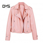 Naiste jakk Kunstnahast sileda pinnaga Keeratav krae T&otilde;mblukuga t&otilde;mblukk ja neet Dekoratsiooniga pikad varrukad Mootorrattamantel reisi&uuml;ler&otilde;ivad M roosa