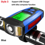 3-&uuml;hes USB-taaslaetav jalgratta taskulamp arvuti spidomeetriga 5 valgustusrežiimi Jalgratta esituli piiks jalgratta taskulamp sinine