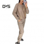 2 tk/komplekt Naiste &uuml;laosa p&uuml;ksid, &uuml;likond Rhinestone Decor O kaelus, pikad varrukad Patchwork Sport dressipluus elastne v&ouml;&ouml;koht P&uuml;ksid Fitness Outfit s&uuml;gis kevad S aprikoosi
