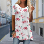 Suures suuruses naiste kevadhallide lilledega tr&uuml;kitud mugavad l&uuml;hikeste varrukatega &uuml;mmarguse kraega T-s&auml;rk vabaaja kottis keskmise pikkusega t-s&auml;rk XS punane