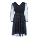 Suures suuruses t&auml;pimustriga &otilde;htukleit, kahekihiline &auml;&auml;risv&otilde;rk, varrukatega, &otilde;huke V-kaelusega A-line V-kaelusega balli pidulik midikleit XXL