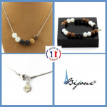 Pierres et Min&eacute;raux. Parure Bracelet Collier Perles Pierre de lune + Onyx noir mat + bois 8 Taille personnalisable.