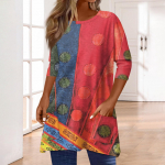 3/4 varrukatega taskutega topid naistele T-s&auml;rk Vabaaja tr&uuml;kiga keskmise pikkusega topid T-s&auml;rk &Uuml;mara kaelusega kampsun Pluus XXXL must