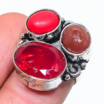 Natural Garnet, Coral Gemstone 925 Sterling Silver Jewelry Ring Size 6 f4z80
