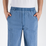 Puuvillased ja linased kevad-suvised meeste p&uuml;ksid elastse v&ouml;&ouml;kohaga, &otilde;hukesed linased vabaaja lahtised p&uuml;ksid L sinine