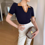 Prantsuse polokraega kontrastv&auml;rviline kootud kampsun naiste suvise temperamendiga, slim fit, l&uuml;hikeste varrukatega, &otilde;huke ja ni&scaron;&scaron; T-s&auml;rk-top M