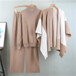 S&uuml;gis-Talvine Naiste Mood Kootud Komplekt V&auml;rviplokk Salli Laiade S&auml;&auml;ristega P&uuml;kstega Stiilne Kolmeosaline Komplekt One Size khaki
