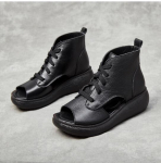 Suvised ehtsast nahast sandaalid lehmanahast paks tald avatud varba platvormkingad tasased augud naiste Rooma jahedad saapad C286 34 must