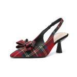Naiste ruuduline Slingback Kitten kontsad suletud terava varbaga kikilipsu libisemisega t&ouml;&ouml;pumbad pahkluu rihm Stiletto piduliku peo pulmakleidi kingad naistele 42