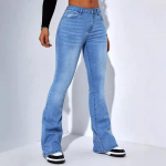 Naine k&otilde;rge v&ouml;&ouml;kohaga elastsed laia s&auml;&auml;rega teksad Naiste vintage Slim Fit flare p&uuml;ksid Naiste teksap&uuml;ksid XS helesinine v&auml;rv