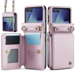 Samsung Galaxy Z Flip 7 &uuml;mbris RFID-blokeeriva rahakotiga Nahkkate kaardihoidjaga Magnetiline klapp Eemaldatav randmepael For Galaxy Z Flip 7 roosa