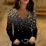 Naiste mood &otilde;huke positsioneeriv tr&uuml;kitud laineline V-kaelusega pikkade varrukatega T-s&auml;rk L must