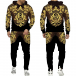 Luksuslik kuldse lilleprintiga meeste 2-osaline riietus, retrobarokkmustriga kapuuts/p&uuml;ksid/komplekt Hip Hop t&auml;navar&otilde;ivad meeste/naiste s&ouml;rkimis&uuml;likond L