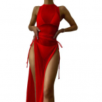 3 tk/komplekt V&otilde;luv naiste bikiinide kattekomplekt pikk kleit, varrukateta suplemine, kiirelt kuivav suvepuhkuse rannakleidi ujumistrikoo komplekt L veinipunane v&auml;rv