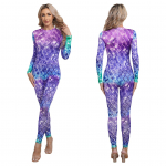 Naiste Merineitsi Cosplay Fish Scale Print Jumpsuit pikkade varrukatega tagasi t&otilde;mblukuga Full Body Rompers Bodysuit ujumistrikoo M