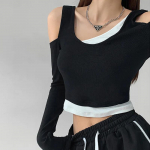 WTEMPO Patchwork Naiste T-s&auml;rgid Kaheosalised v&otilde;ltsitud pikkade varrukatega Y2K k&auml;rbitud topid Naiste &otilde;hukesed s&auml;rgid T&auml;navar&otilde;ivad Klubir&otilde;ivad S must