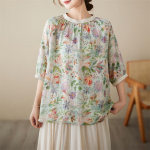 Suvine hingav topp naistele Vintage lilledega tr&uuml;kitud puuvillane linane pluus Casual &uuml;mara kaelusega kolme neljandiku varrukatega s&auml;rk M