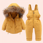Kaheosaline komplekt Laste talvine udusulejope kombinesoon Beebi paks jope T&uuml;drukute mantel Soe ehtsa karusnahast kraega Poiste lumekost&uuml;&uuml;m 80cm kollane