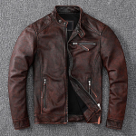 Vintage pruun mantel klassikaline bikerstiilis l&uuml;hike &otilde;huke ehtsast nahast jakk Meeste vabaaja nahast mantel Aasia suurus 6XL s&uuml;gisene hulgim&uuml;&uuml;k Size 3XL tumepunane