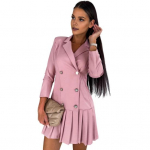 S&uuml;giskevadine naiste kleit, kaherealine, &otilde;huke, plisseeritud all&auml;&auml;r, alla keeratav krae, pikkade varrukatega V-kaelus, ametlik &auml;ristiilis kontoriminikleit L roosa