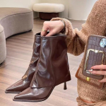 Naiste Ankle Boots Must Beež Pruun Mikrokiud Nahk Naiste L&uuml;hikesed Saapad Terava Ninaga Stiletto K&otilde;rge Kontsaga Talvised Naiste Saapad 35