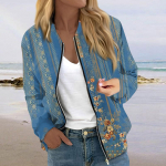 Naistele m&otilde;eldud jakid, pikkade varrukatega, kerge lukuga, k&auml;rbitud mood, lillemustriga &uuml;ler&otilde;ivad vabaaja tepitud jakid taskutega M sinine