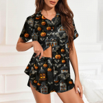 Naiste j&auml;&auml;siidist pidžaaman&ouml;&ouml;biga koduriided Halloweeni tr&uuml;kitud l&uuml;hikeste varrukatega satiinist pidžaamakomplekt M