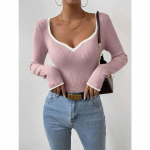 Naiste s&uuml;gis- ja talvine mood temperament V-kaelusega triibuline kootud aluskiht &otilde;huke &uuml;hev&auml;rviline mitmek&uuml;lgne kampsun S must