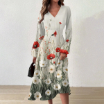 Naiste vabaajamoe V-kaelusega pikkade varrukatega lillemustriga pikk kleit L sinine