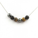 Pierres et Min&eacute;raux. Collier perles Oeil de Tigre + H&eacute;matite + Agate noire 8 mm. Chaine en Collier femmes, hommes. Taille personnal