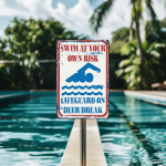 Caution: Swim at Your Own Risk Metal Plaque for Pool And Garden Style A