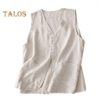 Puuvillane linane vest naistele suvistele varrukateta kardiganidele vabaaja n&ouml;&ouml;pidega l&uuml;hike jope ja taskutega vest 2XL beež