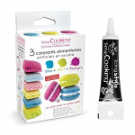 3 colorants alimentaires bleu, vert, pourpre + Stylo de gla&ccedil;age noir