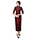 Naiste 3/4 varrukaga pikk l&otilde;hikuga lilleprindiga Hiina Cheongsam Midi kitsas kleit 4XL punane