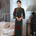 Qipao Kevad ja S&uuml;gis Hiina Stiilis Vintage Tr&uuml;kiga Kitsas K&otilde;rge Kvaliteediga T&auml;iustatud Cheongsam Kleit Naistele S roheline