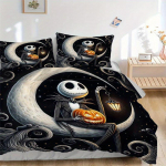 3 tk Jack Skellington Halloweeni voodipesukomplekt, sisaldab 1 tekikotti ja 2 padjap&uuml;&uuml;ri, ilma t&auml;idiseta, pehme ja mugav kodu magamistuba B055 135x200cm