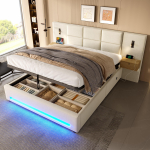 180*200cm polsterdatud voodi sametise peatsiga, hoiustussahtlite, LED-valgustuse, USB-C portide, h&uuml;draulilise hoiustuse ja metallraamiga (200 kg kandev&otilde;ime). 270 x 210 x 105 cm beež