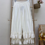 Johnature Mori Cotton Patchwork Lace Ruffles Naiste p&uuml;ksid Summer Vintage &uuml;hev&auml;rviline elastne v&ouml;&ouml;koht pahkluu pikkusega p&uuml;ksid One Size valge