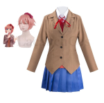 Anime kirjandusklubi cosplay kost&uuml;&uuml;m t&auml;iskomplekt, Jaapani keskkooli &uuml;likonna komplekt mitme stiiliga parukatega Halloweeni ja Comic-Coni jaoks L&Doki Doki Literature brown