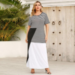 Suvine plusssuuruses naiste O kaela kontrastsusega triibuline avara l&uuml;hikeste varrukatega pikk kleit XL-4XL XL must